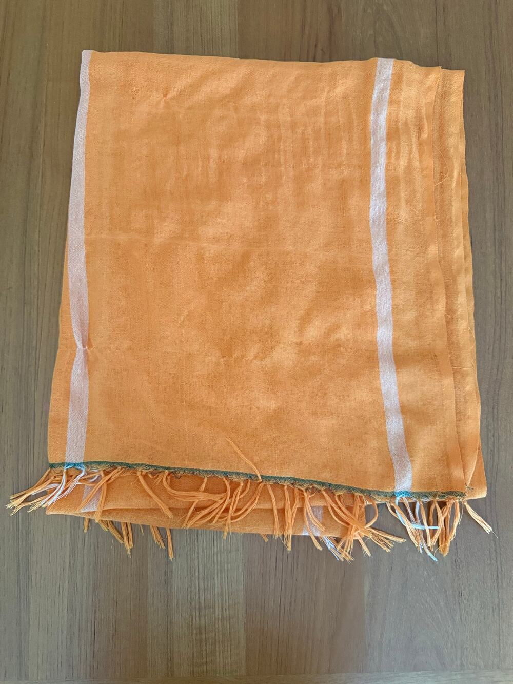 Orange Linen Blend Fringe Wrap Shawl White Stripe Resort Coastal Boho Scarf